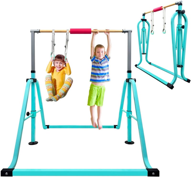 GLANT Gymnastics Bar for Kids with Rings Set, 7 Heights Adjustable Easy Folding Gymnastic Training Bar Kids Monkey Horizontal Bars - Max Load 300LBS - Image 1